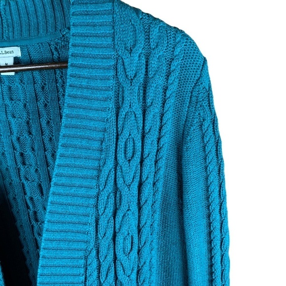 L.L. Bean Ladies Cable Knit Cardigan Long Sleeve Open Front Teal Sweater Medium - Picture 4 of 7